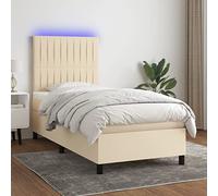 Teenpull Lit à sommier tapissier rembourré avec matelas, LED, tête de lit réglable en hauteur, cadre stable de 80 x 200 cm en tissu crème, un meuble de qualité supérieure.