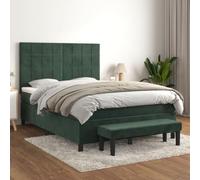 Teenpull Lit à sommier tapissier vert foncé, 140 x 190 cm, rembourré, en velours, avec matelas à ressorts ensachés, tête de lit réglable en hauteur, surmatelas et banc assorti