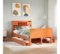 Teenpull Lit Bibliothèque Pin Massif, Cire Marron, 135x190 cm, Cadre de Lit avec Rangement, Tête de Lit et Sommier à Lattes, Design Solide pour Chambre