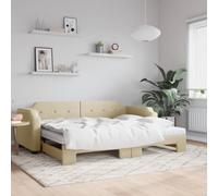 Teenpull Lit de jour extensible avec matelas, rembourré en tissu crème, canapé-lit 2 en 1, pour invités et salon, cadre en bois robuste, matelas en mousse confortable, 100 x 200 cm