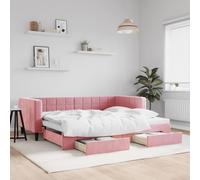 Teenpull Lit de jour extensible avec tiroirs, rose, 90 x 200 cm, housse en velours, canapé-lit 2 en 1, pour chambre d'amis, cadre en bois et métal robuste, avec design moderne et rangement pratique