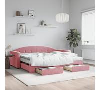 Teenpull Lit de jour extensible avec tiroirs, rose, 90 x 200 cm, rembourré en velours, avec 2 matelas et espace de rangement, canapé-lit polyvalent, pour invités et salon