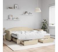 Teenpull Lit de jour extensible avec tiroirs, tissu crème, 90 x 200 cm, avec 2 matelas, cadre robuste et tête de lit, canapé-lit polyvalent, 2 en 1, pour chambre d'amis
