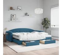 Teenpull Lit de jour extensible, en velours, bleu, 90 x 200 cm, 2 en 1, avec deux tiroirs, matelas en mousse confortable inclus, structure en bois robuste et meuble fonctionnel polyvalent