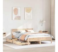 Teenpull Lit en bois de pin massif non traité, 140 x 200 cm, avec tête de lit et 2 tiroirs, cadre de lit stable pour chambre à coucher