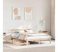Teenpull Lit en bois massif 140 x 190 cm avec 2 tiroirs, cadre de lit robuste en bois de pin avec tête de lit et sommier à lattes, pour matelas, meuble de chambre à coucher peu encombrant avec espace