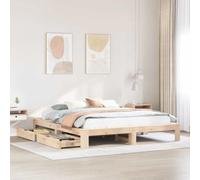Teenpull Lit en bois massif sans matelas 200 x 200 cm en bois de pin massif non traité, avec 2 tiroirs à roulettes pratiques pour un espace de rangement, cadre de lit stable comme meuble de chambre à