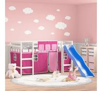Teenpull Lit mezzanine pour enfant, avec toboggan, rideaux roses, 90 x 190 cm, en pin massif, lit superposé stable, avec protection anti-chute, plate-forme de sommeil sûre, pour chambre d'enfant