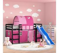 Teenpull Lit mezzanine pour enfant avec toboggan, tunnel, rideau rose, pin massif, 80 x 200 cm, meuble de jeu sûr, cadre robuste avec plate-forme de matelas pour chambre d'enfant