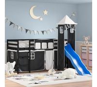 Teenpull Lit mezzanine pour enfant avec tour, toboggan et rideaux, 80 x 200 cm, en bois de pin massif, blanc et noir, espace de couchage sûr avec aire de jeux