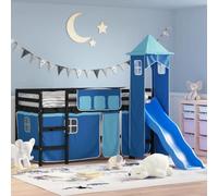 Teenpull Lit mezzanine pour enfant, en pin massif, 80 x 200 cm, avec tour, toboggan et rideaux, bleu, cadre de lit robuste, plate-forme de couchage sûre, cadre et meuble stables.