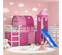 Teenpull Lit mezzanine, pour enfant, rose, 80 x 200 cm, en pin massif, avec toboggan et rideaux, design sûr, pour chambre d'enfant