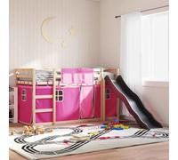 Teenpull Lit superposé avec toboggan et rideaux - Rose - 80 x 200 cm - Cadre de lit en pin massif - Lit de jeu stable pour enfants - Lit de jeu sûr avec sommier à lattes - Montage facile des meubles