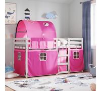 Teenpull Lit superposé en pin massif avec rideaux, rose, 75 x 190 cm, pour jeu et sommeil, sûr, avec protection anti-chute et échelle, robuste, pour chambre d'enfant