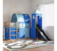 Teenpull Lit superposé en pin massif avec toboggan, rideaux et échelle bleus, dimensions du matelas 80 x 200 cm, meuble pour salle de jeux, cadre sûr, espace de couchage stable