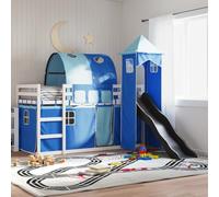 Teenpull Lit superposé, en pin massif, bleu, avec toboggan et rideaux, 90 x 190 cm, lit d'enfant, pour jeu et sommeil, stable et sûr, ensemble de meubles pour enfant