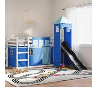 Teenpull Lit superposé en pin massif pour enfants, blanc anthracite bleu, avec toboggan et rideaux, taille du matelas de 80 x 200 cm, cadre de lit sûr, meuble avec aire de jeux