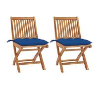 Teenpull Lot de 2 chaises de jardin avec coussins bleus, bois de teck massif, pliables, résistantes aux intempéries, pour terrasse et balcon, ensemble de meubles d'extérieur robustes