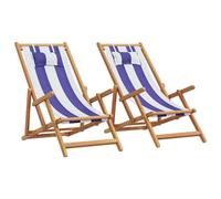 Teenpull Lot de 2 chaises de plage pliables, en tissu bleu et blanc, bois d'eucalyptus massif, réglables, avec coussins, jusqu'à 110 kg, pour terrasse, balcon