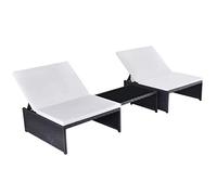 Teenpull Lot de 2 chaises inclinables en polyrotin noir réglable avec table basse résistant aux intempéries pour jardin, terrasse et piscine, coussins blanc crème