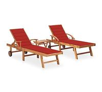 Teenpull Lot de 2 chaises longues réglables en teck massif pour jardin et terrasse avec table d'appoint et coussins rouges, longue durée de vie, 195 x 59,5 cm