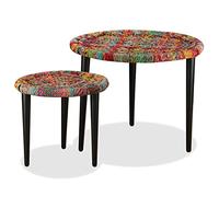 Teenpull Lot de 2 tables basses faites à la main avec des détails chindi colorés - Tables gigognes rondes en acier pour salon - Tables de rangement uniques - Multicolore
