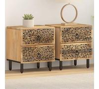 Teenpull Lot de 2 tables de chevet 40 x 33 x 46 cm - En bois massif mangue avec motif sculpté - Table d'appoint avec 2 tiroirs - Commode de chevet pour chambre à coucher