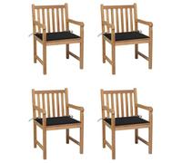 Teenpull Lot de 4 chaises de jardin en teck massif avec coussin d'assise noir, résistantes aux intempéries et empilables, idéales pour terrasse, balcon, jardin, extérieur, camping, bistro, piscine et