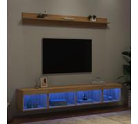 Teenpull Lot de 5 pièces - Meuble TV en bois de chêne Sonoma - Avec éclairage LED RVB - Centre de divertissement moderne pour le salon, montage mural, 2 armoires murales, 1 armoire TV et 2 étagères