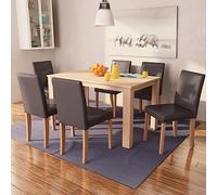 Teenpull Lot de 7 meubles de salle à manger pour cuisine - Table 140 x 80 x 75 cm avec 6 chaises - Cuir synthétique marron - Pieds solides en bois de hêtre - Décoration de salle à manger