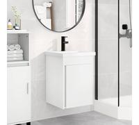 Teenpull Meuble de lavabo de salle de bain avec lavabo et mitigeur noir, lavabo blanc en bois, montage mural avec espace de rangement, bonde poussoir, trop-plein