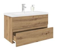 Teenpull Meuble de lavabo en chêne artisanal, 80 x 38,5 x 45 cm, avec bac encastrable en céramique, robinet, tiroir, résistant à l'humidité, pour salle de bain