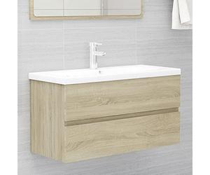 Teenpull Meuble de lavabo en chêne Sonoma - 90 x 38,5 x 45 cm - Avec bac encastrable en céramique - Avec trop-plein, bonde et bonde - Pour salle de bain