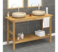 Teenpull Meuble de lavabo en teck massif 132 x 45 x 75 cm, avec deux lavabos en marbre crème, ensemble de meubles de salle de bain, baignoire flottante, matériau durable