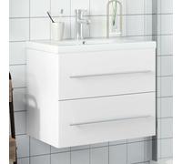 Teenpull Meuble de salle de bain moderne avec bac encastrable, blanc, 60 x 38,5 x 48 cm, bois dérivé du bois, céramique, meuble de salle de bain moderne, grand espace de rangement, montage mural