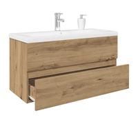 Teenpull Meuble lavabo chêne Artisanal avec Vasque céramique et Robinet intégré, Meuble de Salle de Bain Flottant 90x38,5x45 cm avec Grand Espace Rangement, Meuble sous évier