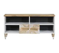 Teenpull Meuble TV 100 x 33,5 x 46 cm en bois de manguier massif naturel avec tamis laqué blanc, espace de rangement pour salon, console multimédia pour téléviseur et décoration