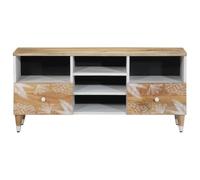 Teenpull Meuble TV 100 x 33,5 x 46 cm en bois massif mangue avec 2 tiroirs, étagère et pieds stables, idéal pour salon et chambre à coucher, meuble polyvalent