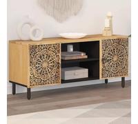 Teenpull Meuble TV 105 x 33 x 46 cm, en bois de manguier massif, sculpté à la main, robuste, pour le salon, meuble TV unique de style rétro avec espace de rangement