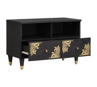 Teenpull Meuble TV avec étagère, noir, 70 x 33 x 46 cm, bois massif de mangue, design sérigraphié doré, boutons en laiton, buffet élégant pour salon