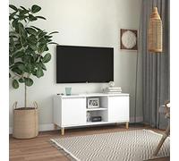 Teenpull Meuble TV avec pieds en bois massif - Blanc - 103,5 x 35 x 50 cm - Console multimédia de style scandinave pour salon, chambre à coucher - Buffet robuste avec 2 étagères et 2 compartiments