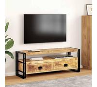 Teenpull Meuble TV en Bois de manguier Massif 120x35x45 cm avec Cadre Acier, 2 tiroirs, Meuble TV Console pour Salon et Chambre, Centre de Divertissement Stable et élégant
