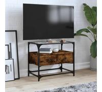 Teenpull Meuble TV en Bois d'ingénierie chêne fumé avec Dessus en Verre, Cadre métal Stable, 60x35x51 cm, Meuble TV avec Rangement et tiroirs pour Salon et Chambre, Support Mural Inclus