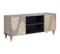 Teenpull Meuble TV gris en bois de manguier massif, 105 x 33 x 46 cm, avec étagère et 2 portes, accents en laiton doré, pour salon et rangement multimédia