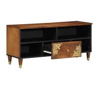 Teenpull Meuble TV marron miel 100 x 33 x 46 cm en bois massif mangue avec espace de rangement, tiroir et étagère, pour salon, design moderne