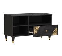 Teenpull Meuble TV noir 80 x 33 x 46 cm en bois massif mangue avec étagère, tiroir, boutons en laiton pour salon