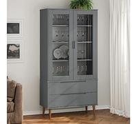 Teenpull MOLDE Armoire vitrine, grise, 90 x 35 x 175 cm, en bois de pin massif laqué UV, design scandinave, bibliothèque avec portes en verre, espace de rangement pour salon