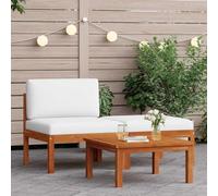 Teenpull Salon de jardin, 3 pièces, en bois d'acacia huilé, corde tressée, coussin blanc crème, canapé central, 65 x 65 x 60 cm, pour terrasse et balcon, détente en plein air