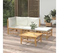 Teenpull Salon de Jardin 4 pcs en Bambou Naturel avec Coussins Blanc crème, Ensemble mobilier extérieur modulable, canapé d’Angle, Table et Repose-Pied, Parfait pour terrasse et Jardin Confortable