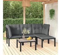 Teenpull Salon de Jardin 5 pcs Noir et Gris résine tressée avec Coussins, Ensemble mobilier extérieur Robuste en Acier, Chaise d’Angle, Repose-Pied et Table Basse pour terrasse et Patio Confortable
